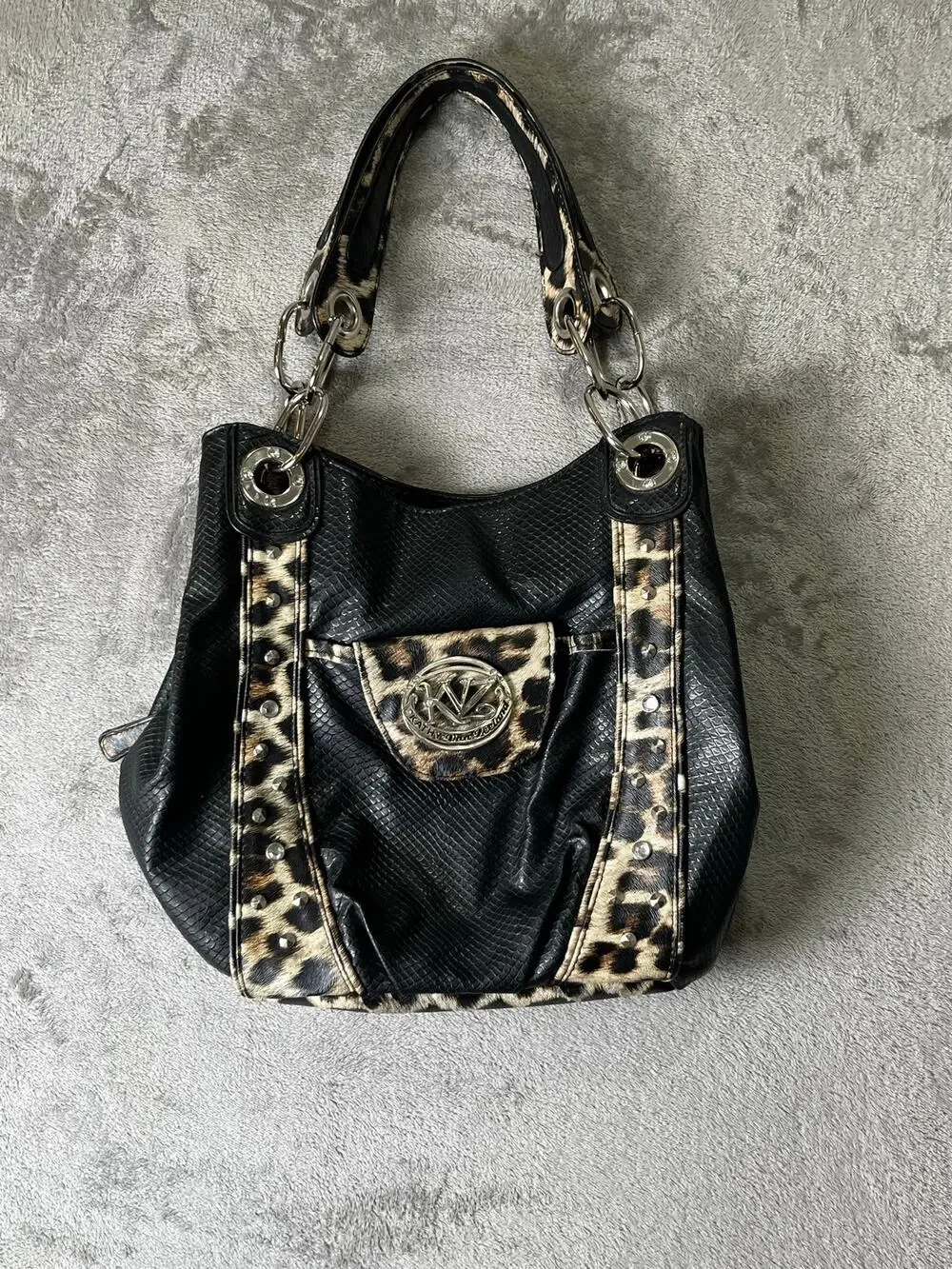 Kathy Van Zeeland Black Faux Snakeskin Leopard Studded Shoulder Tote Handbag